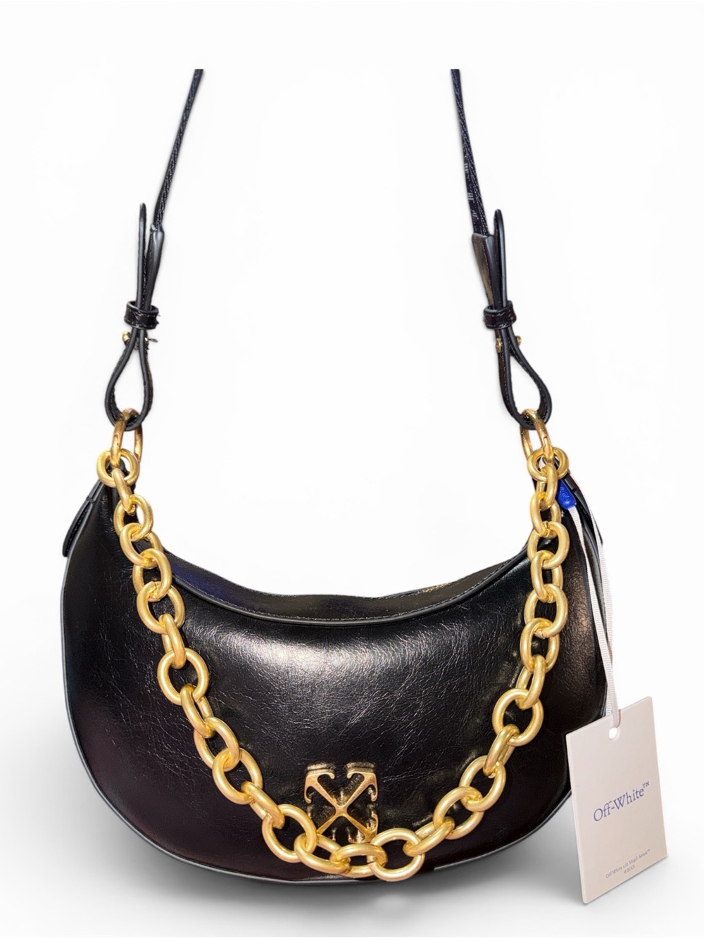 NWT Off-White Black Leather Shoulder Bag with Gold Chain